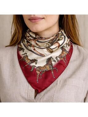Mila Schon Equestrian 100% Silk Scarf, Horse Print Square Neck Scarf 35" square